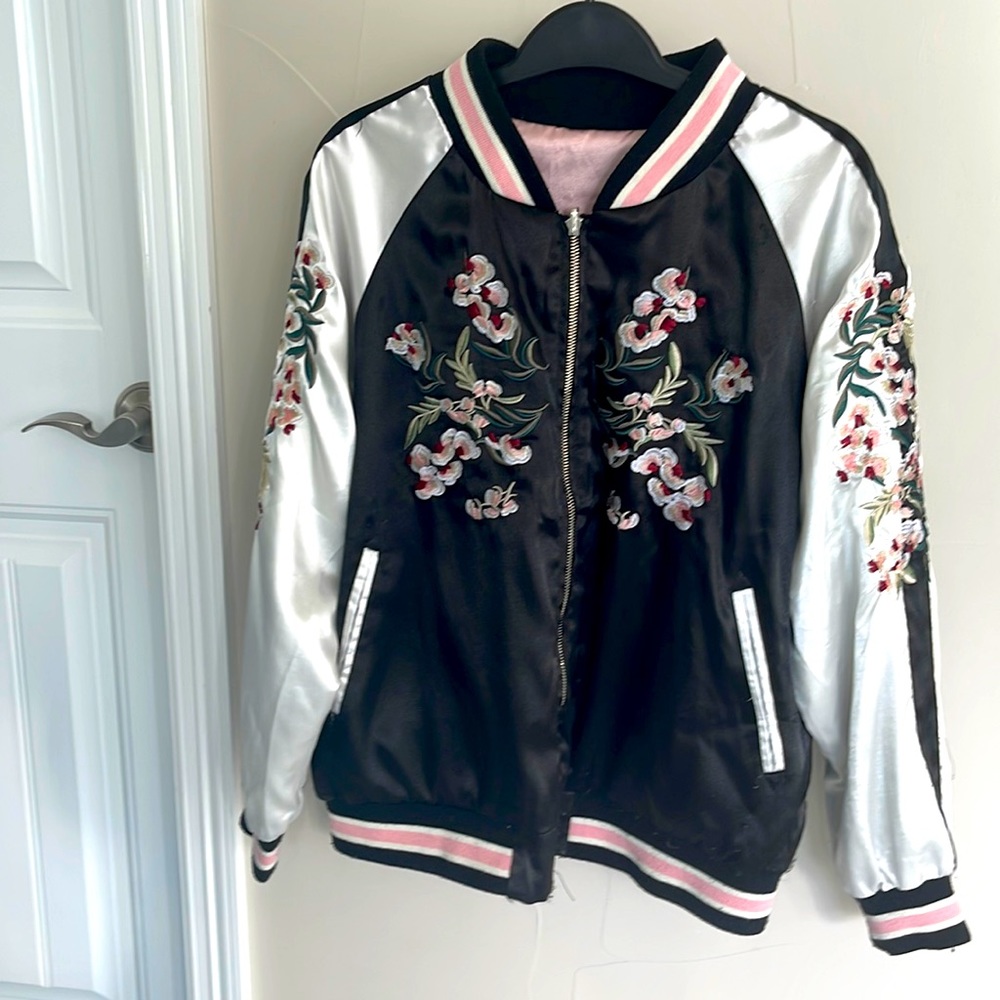 Reversible Satin Bomber Jacket, size S/M pink black white with embroidery